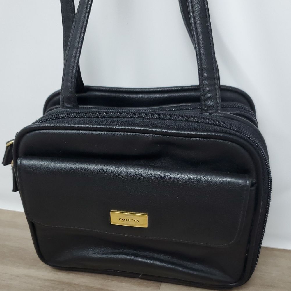 Black Textured Shoulder Bag with Gold Accents